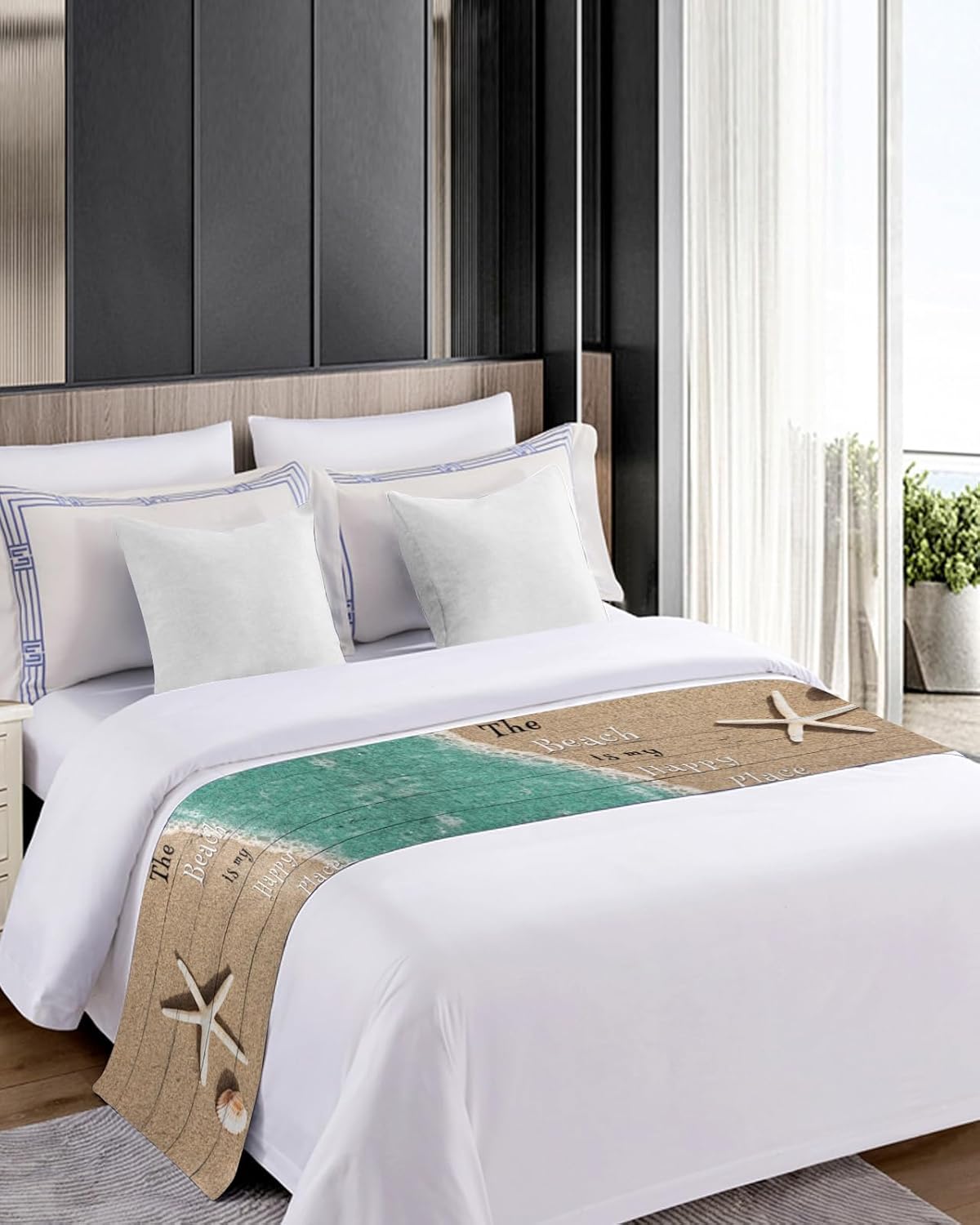 ZFUNCING Caminos de cama con estrellas de mar y conchas del océano costero para dormitorio, hotel, decoración de ropa de cama con texto en inglés