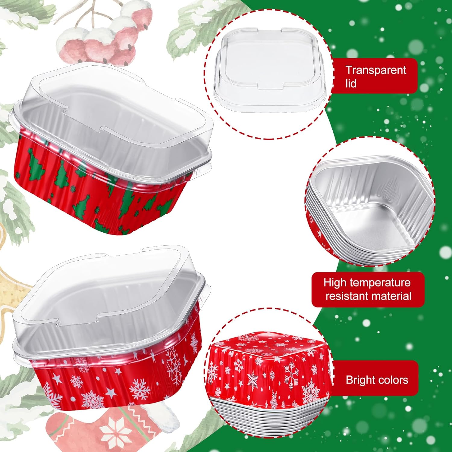 Suttmin 200 tazas de papel de aluminio de Navidad para hornear cupcakes, tazas de postre de 5 onzas con tapas, contenedores cuadrados desechables de