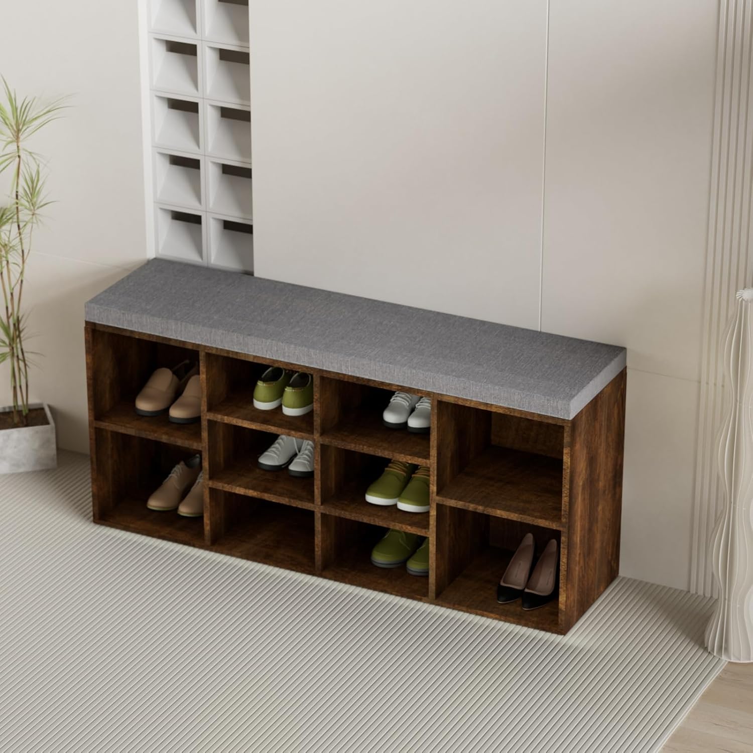 YRLLENSDAN Banco de almacenamiento de 10 compartimientos, zapatero de 3 niveles, estante ajustable, cojín extraíble, negro, madera de ingeniería