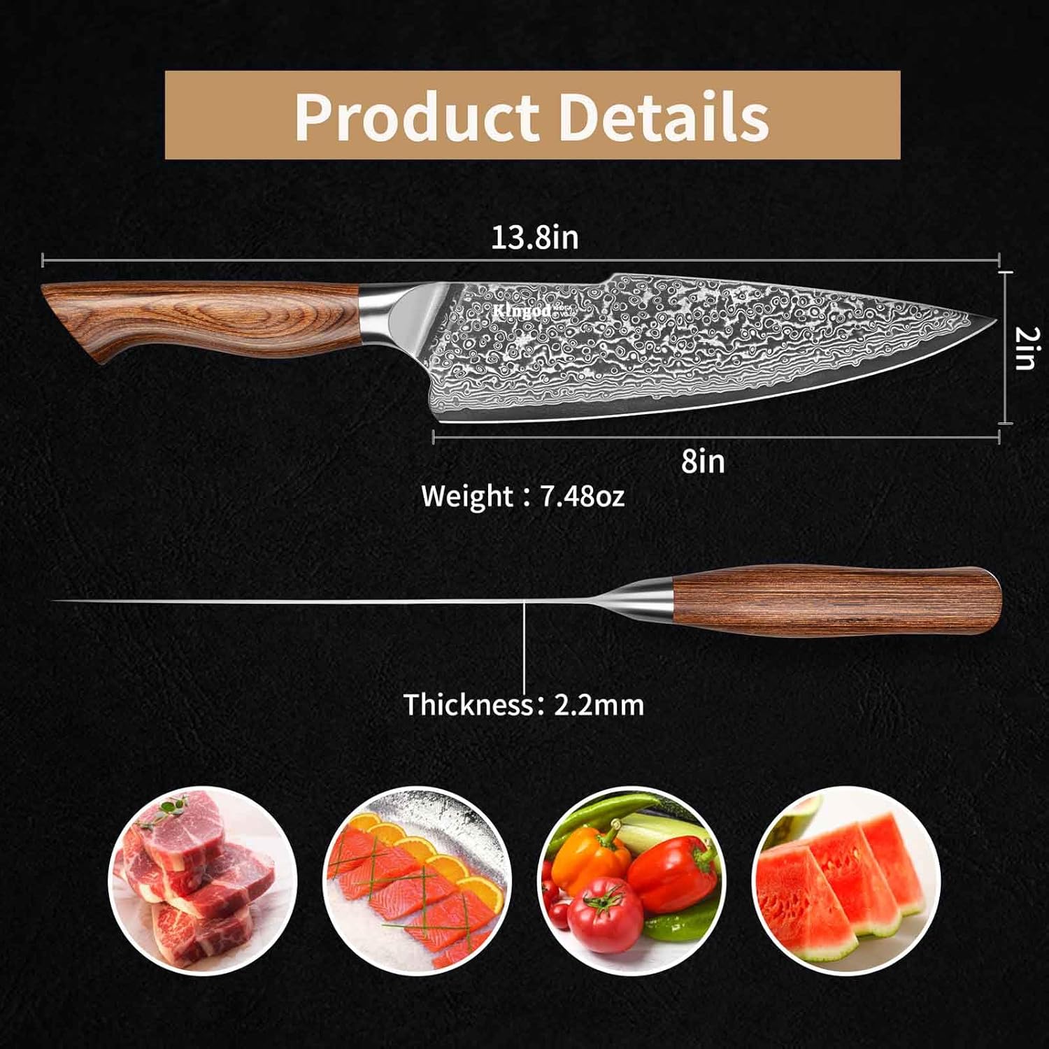 KINGOD Cuchillo de chef japonés VG10 de 8 pulgadas, cuchillo de cocina súper afilado, mango ergonómico, cuchillo de cocina multiusos, cuchillo de