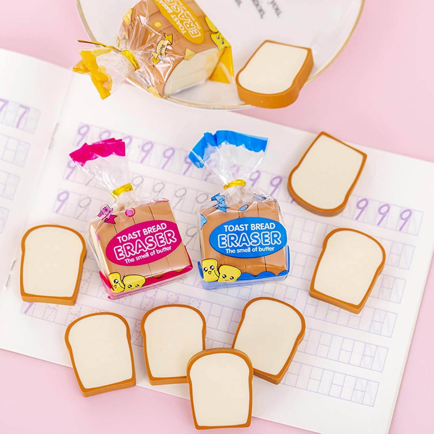 Toast BreadPencil Borradores para la escuela, aula, recompensas, recuerdos de fiesta, paquete de 6 unidades, colores al azar