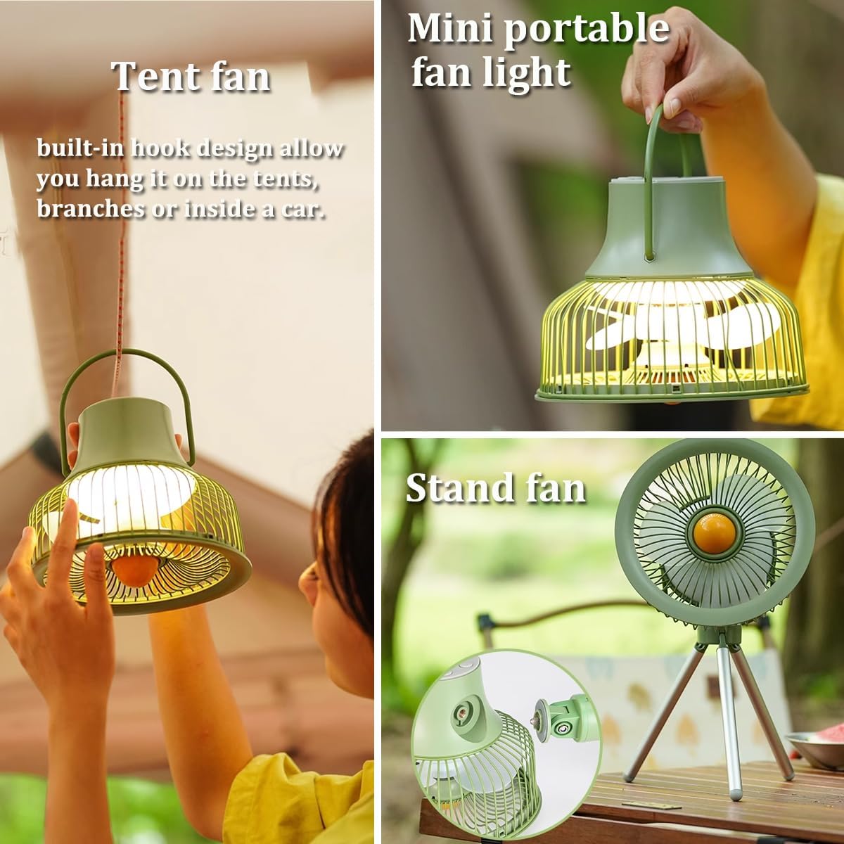 Ventilador portátil  Ventilador de camping con linterna LED, ventilador a batería, ventilador recargable con trípode, control remoto, ventilador de