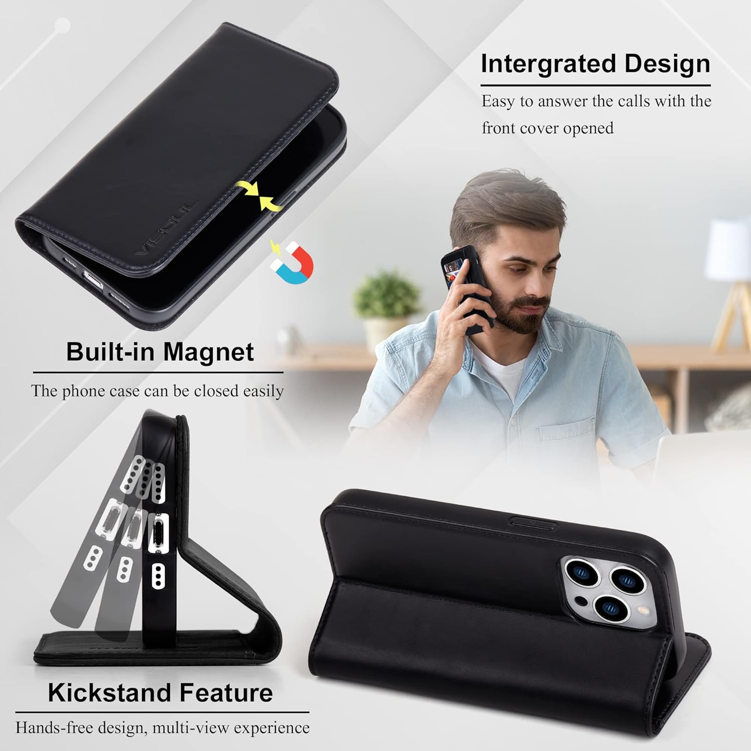 VISOUL Funda de piel auténtica compatible con el teléfono 15 Pro, funda magnética con tapa y soporte para tarjetas para mujeres y hombres, funda