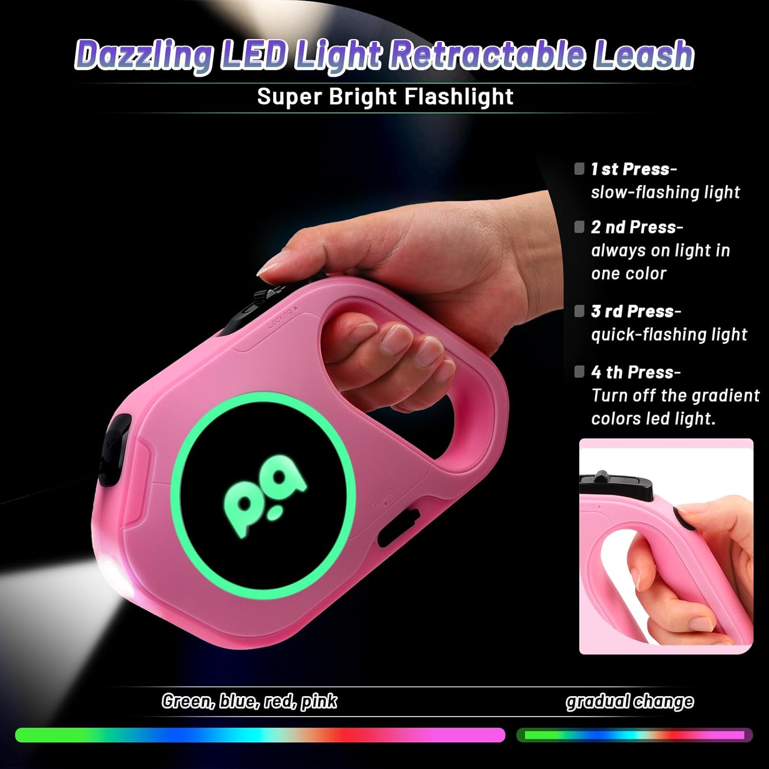 QQPETS Correa retráctil para perro con luz LED recargable, cinta de nailon resistente de 16 pies para paseos nocturnos de hasta 88 libras de