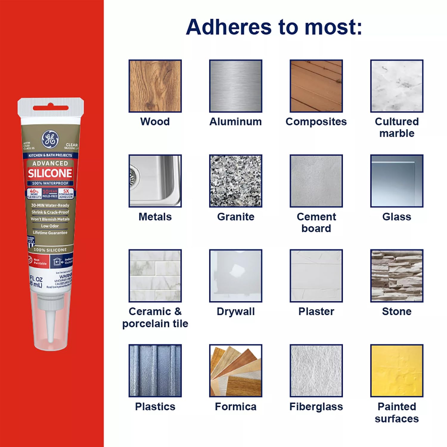 GE Calafateo de silicona avanzado para cocina y baño, sellador de silicona 100% impermeable, adherencia 5 veces más fuerte, a prueba de encogimiento