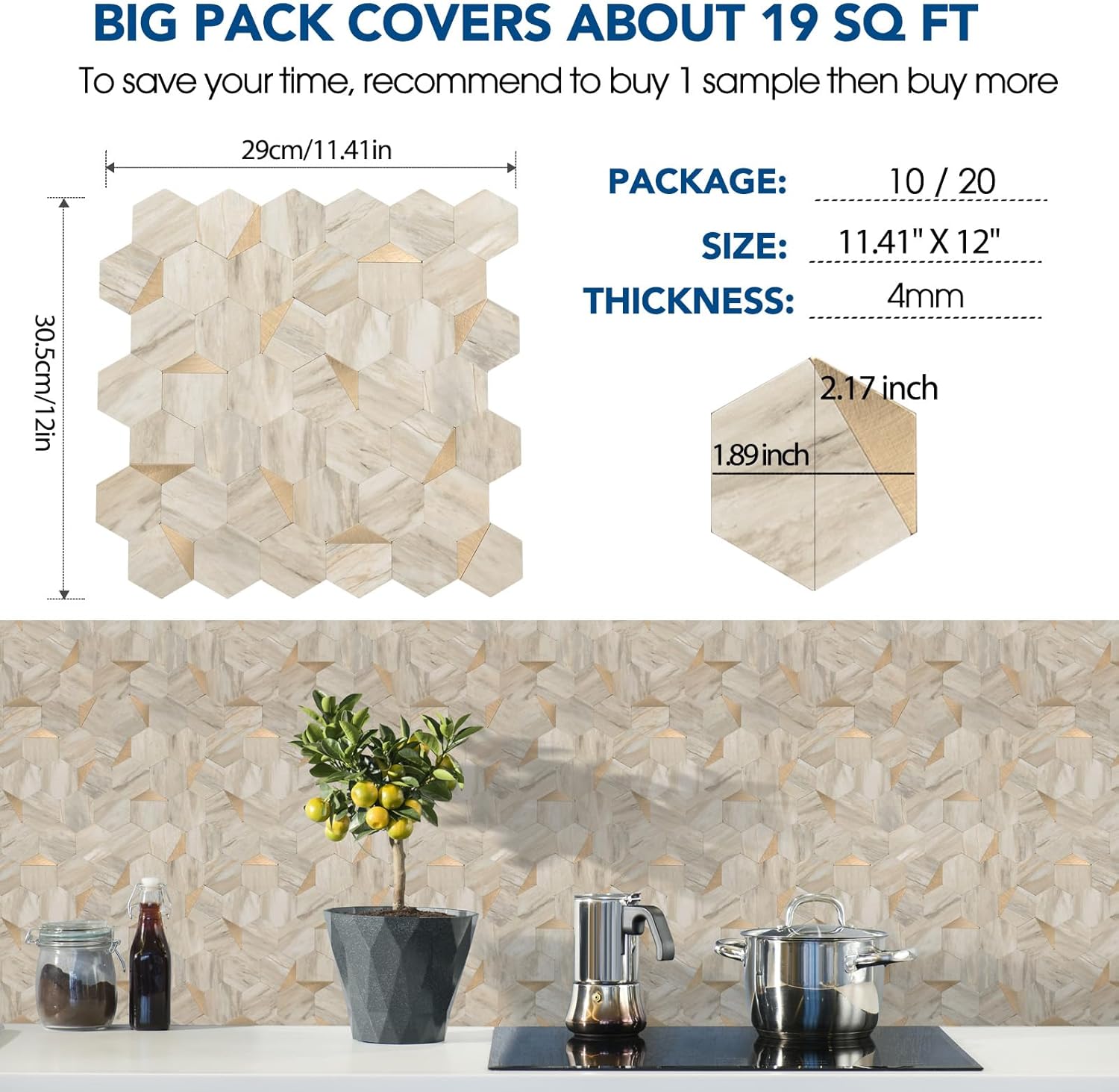 Azulejos hexagonales de 20 hojas para despegar y pegar, 12.2 x 11.34 pulgadas, mármol beige, azulejos de pared de PVC 3D mezclados de mármol beige