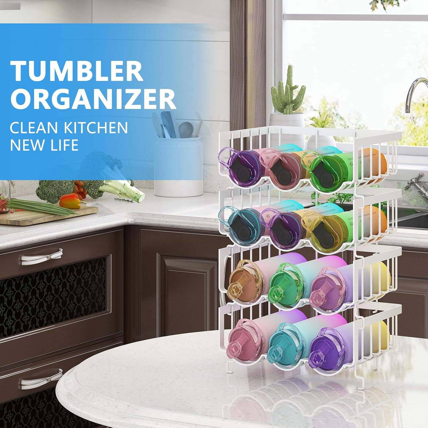 Paquete de 4 organizadores apilables para botellas de agua para gabinete. Soporte para botellas de agua para cocina, refrigerador y despensa,