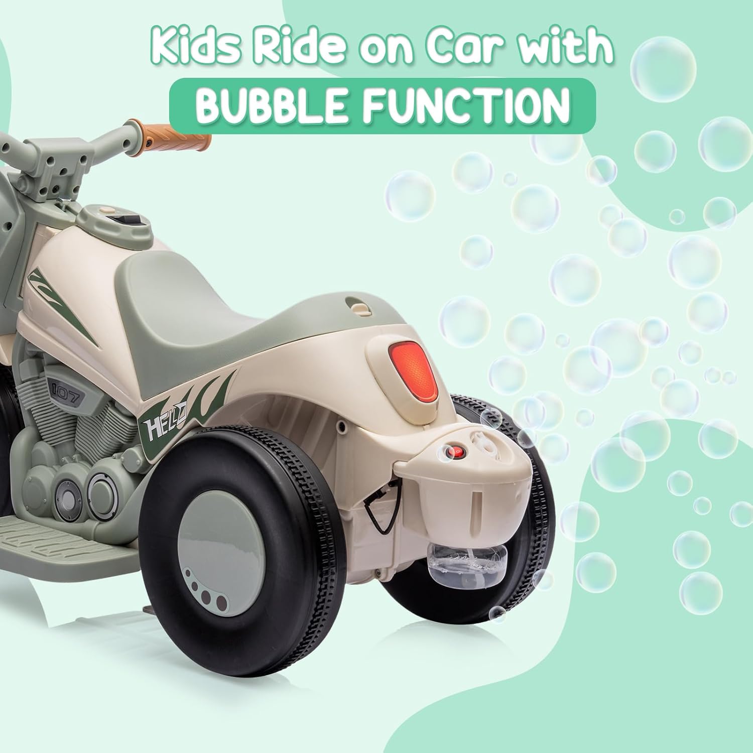 Motocicleta para niños con función de burbujas, juguete de motocicleta de 6 V con faros LED, música, pedal, adelantereserva, auto eléctrico de