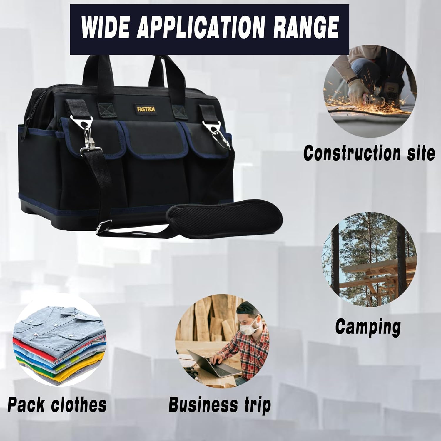 FASTECH Bolsa de herramientas de 20 pulgadas, kit de herramientas de boca ancha impermeable, organizador de bolsa de herramientas resistente con