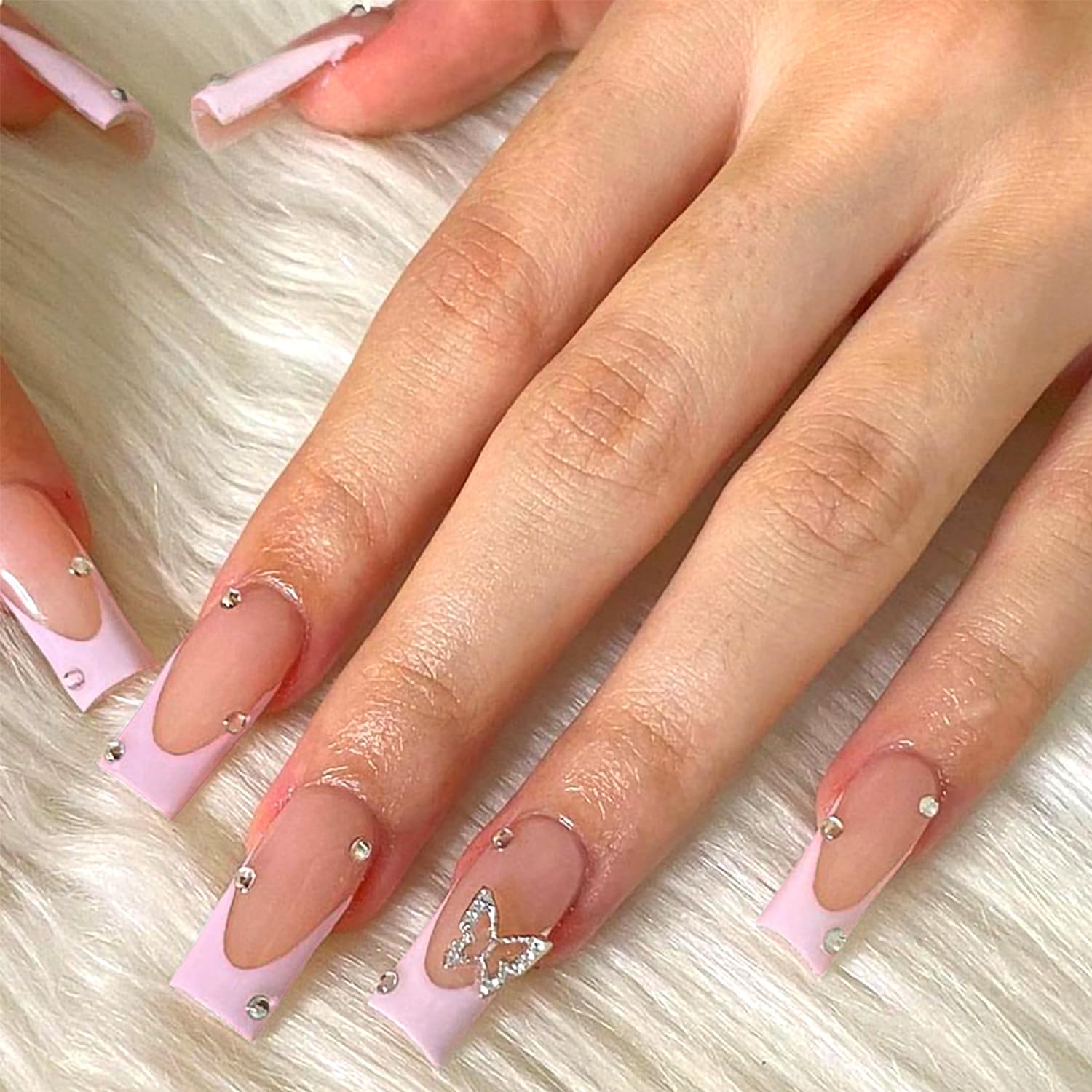 24 uñas postizas largas a presión con punta francesa cuadrada rosa con dijes de uñas de mariposa y diamantes de imitación, uñas postizas de