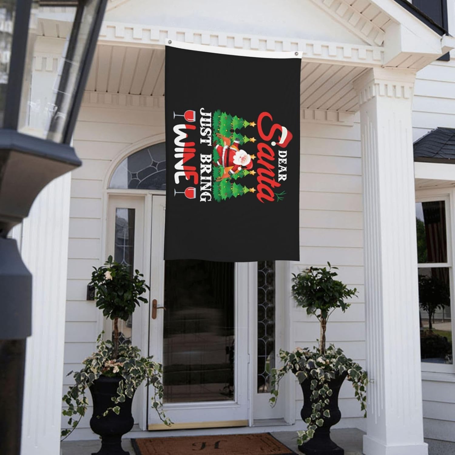 Bandera de vino de Dear Santa Just Bring de 3 x 5 pies, banderas de doble cara para exteriores, banderas decorativas duraderas para patio e