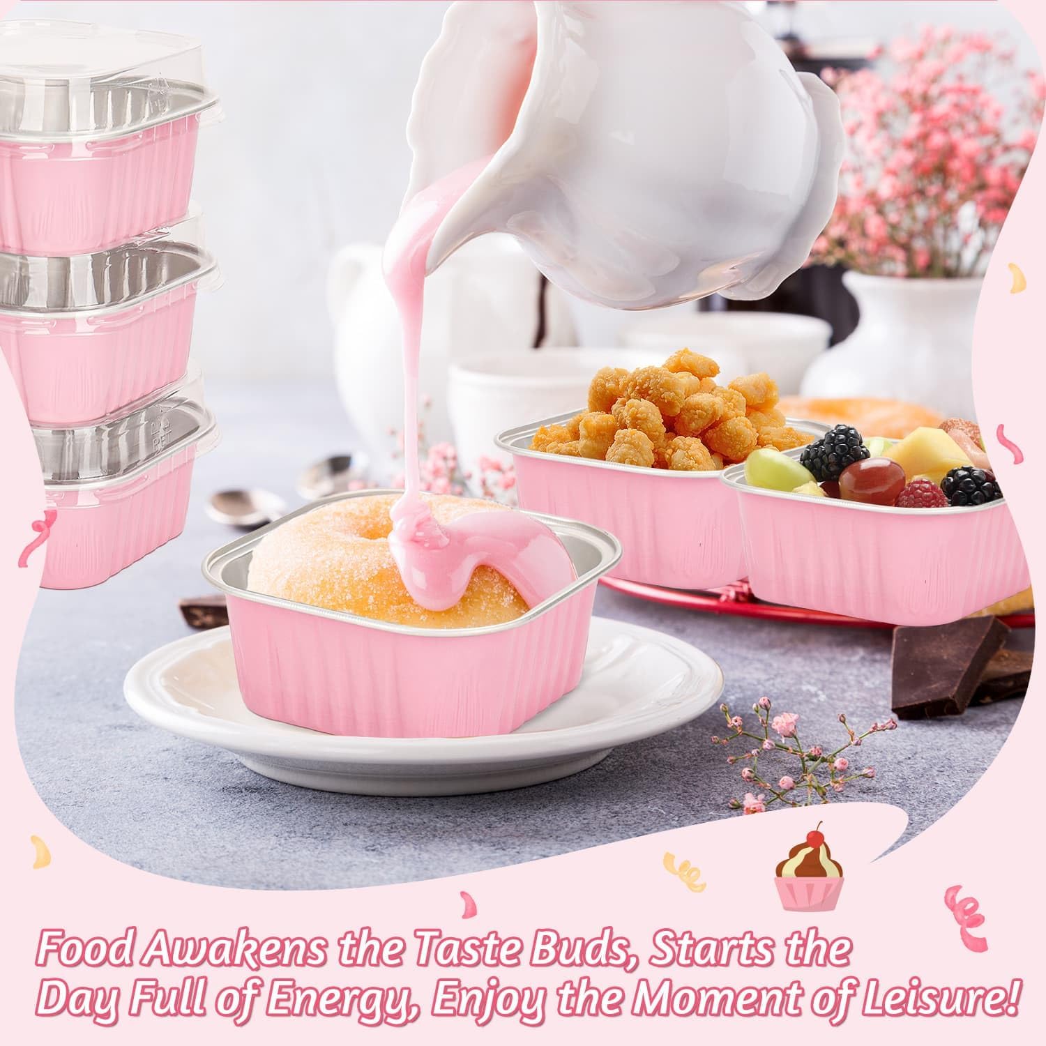 selizo Paquete de 60 mini moldes desechables de 5 onzas con tapas, tazas cuadradas de papel de aluminio para hornear, latas pequeñas de 3.5 x 3.5