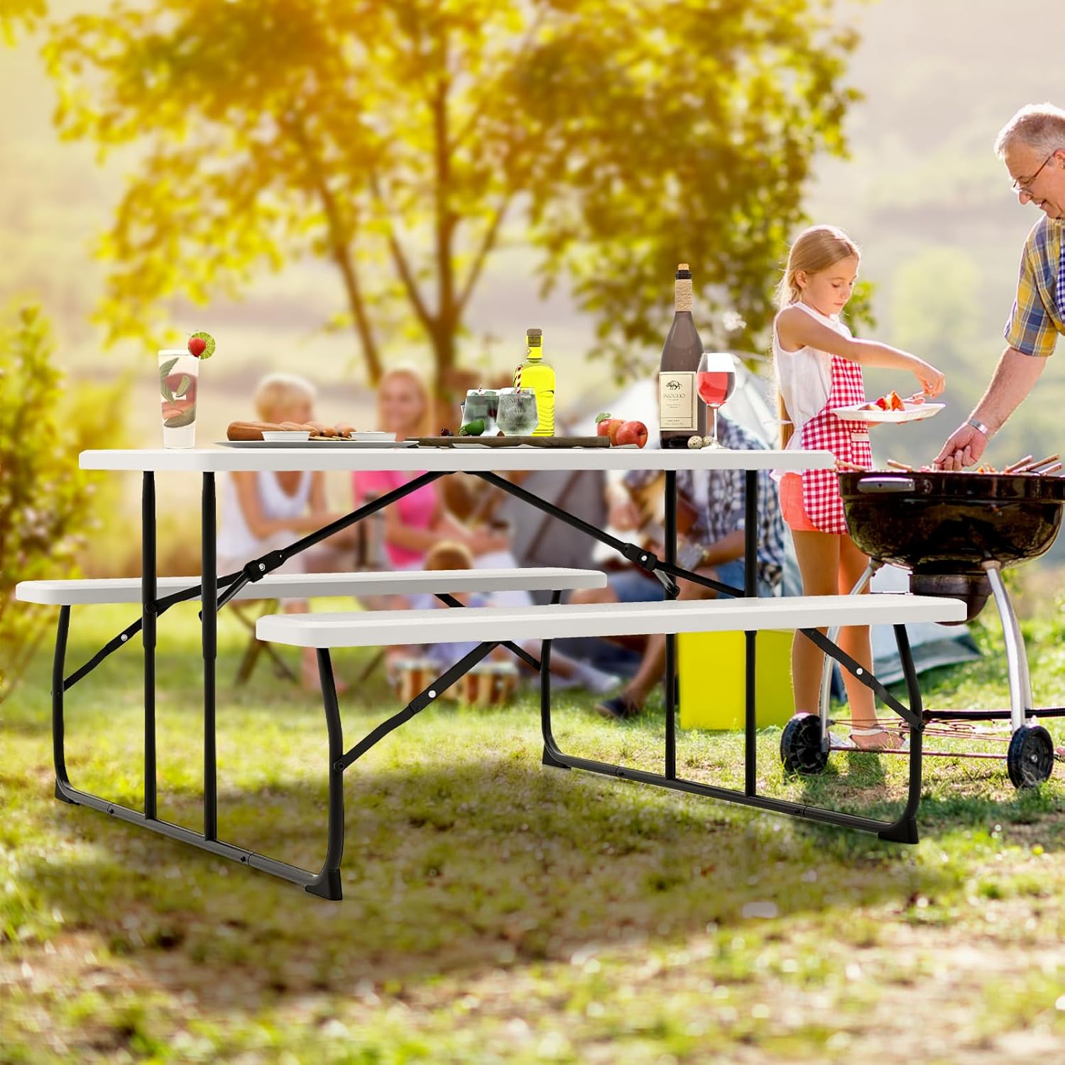Tangkula Mesa de picnic plegable con 2 bancos, juego de mesa de campamento de metal para exteriores con textura de plástico similar a la madera y