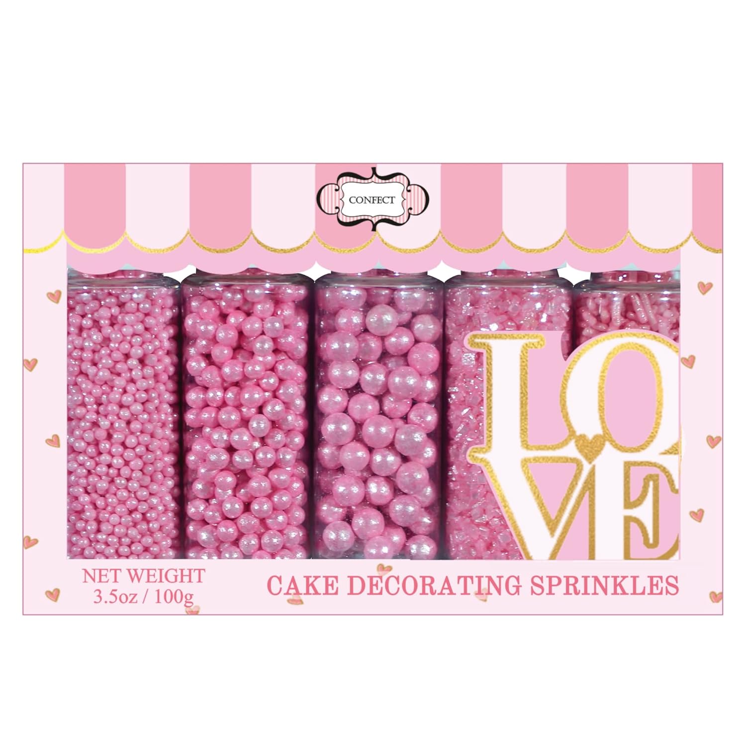 Sprinkles – Confect – Gránulos para decoración de pasteles y cupcakes, paquete surtido de 5 gránulos rosados para baby shower, mezcla de grageas,