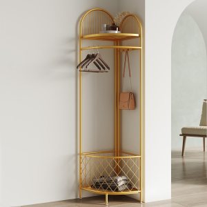 Perchero de esquina con almacenamiento, árbol de pasillo, perchero de esquina de metal, perchero de esquina dorada con cesta de almacenamiento y Perchero de esquina con almacenamiento, árbol de pasillo, perchero de esquina de metal, perchero de esquina dorada con cesta de almacenamiento y