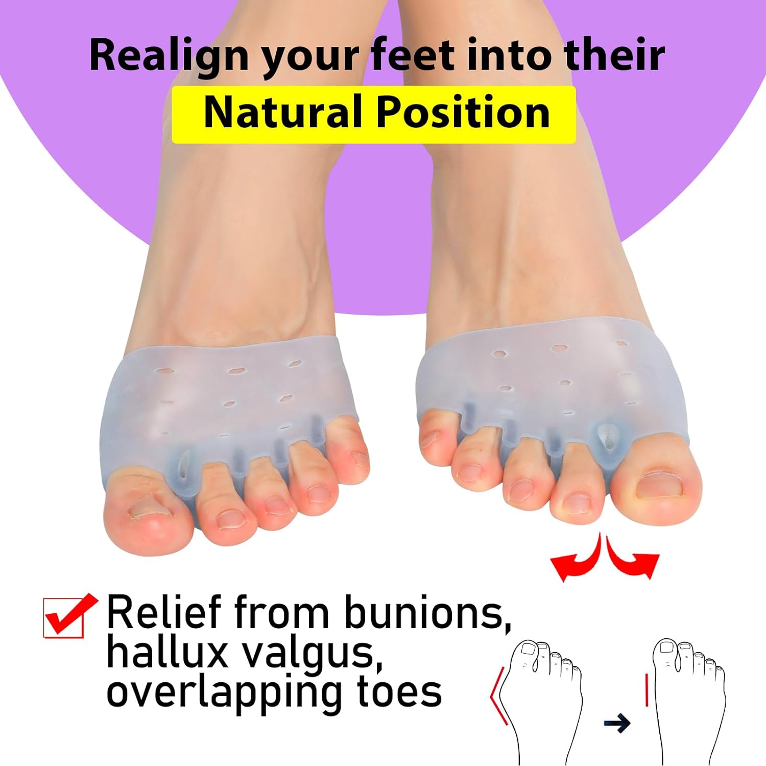 Espaciadores de dedos y almohadillas metatarsianas (6 unidades), cojines transpirables de bola de pie, separador de dedos de gel, alivio del dolor