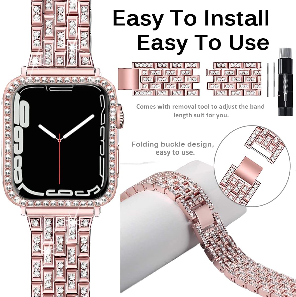 Miimall Compatible con Apple Watch Series 987 de 1.61 y 1.77 pulgadas, correa brillante con funda para mujeres y niñas, correa de repuesto de metal