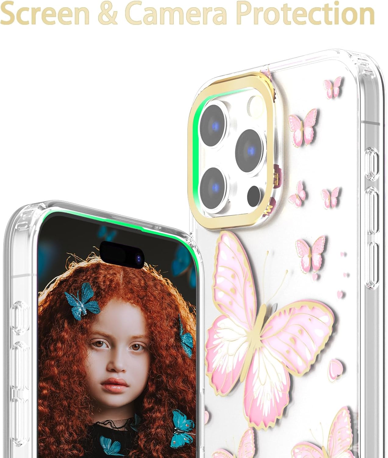 Funda transparente con purpurina para iPhone 15 Pro para mujeres y niñas, mariposas doradas, bonito patrón en forma de corazón, ajuste delgado,