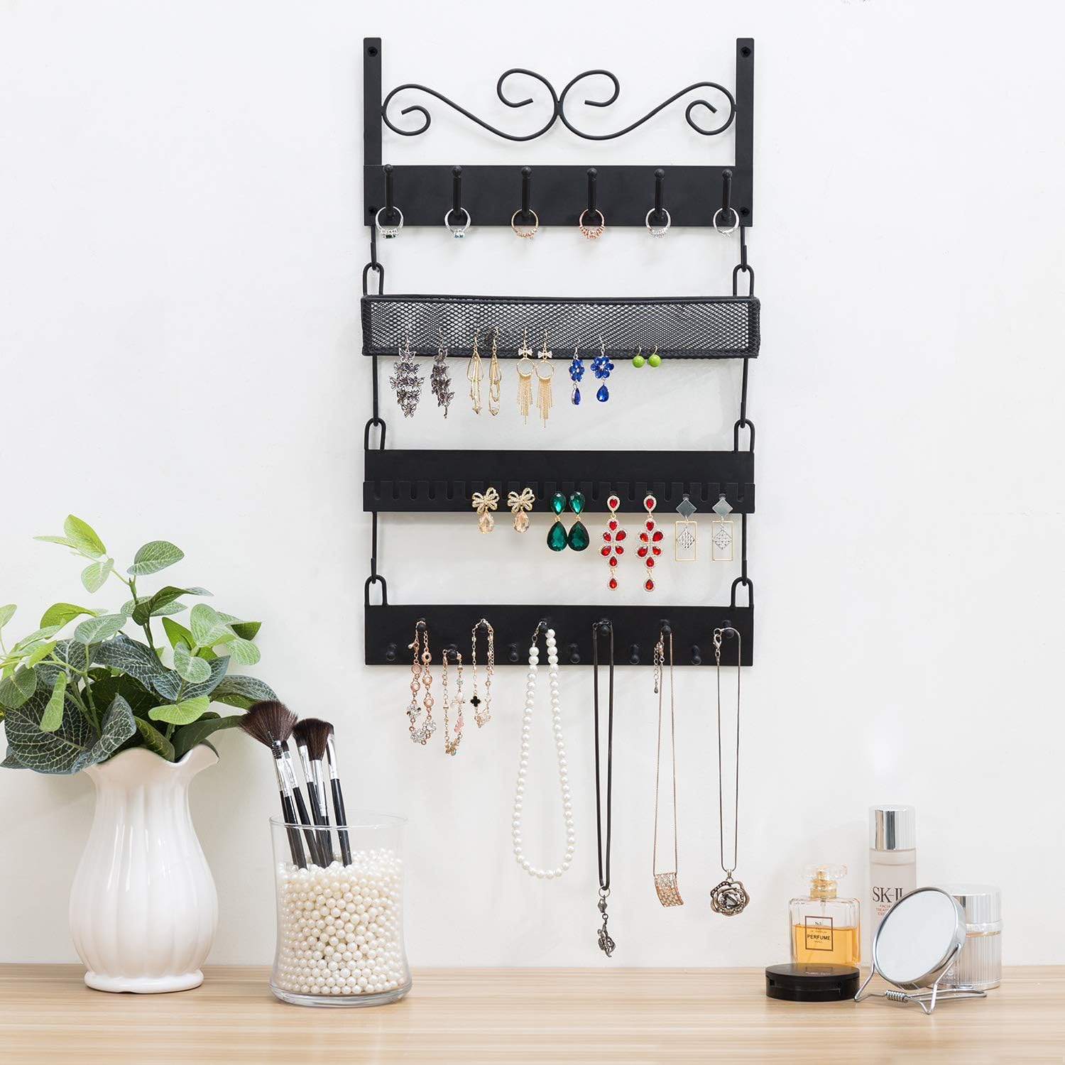 MyGift Organizador de joyas colgante de metal negro de 4 niveles con 18 ganchos, soporte para aretes y collar, estante de exhibición de pulseras,