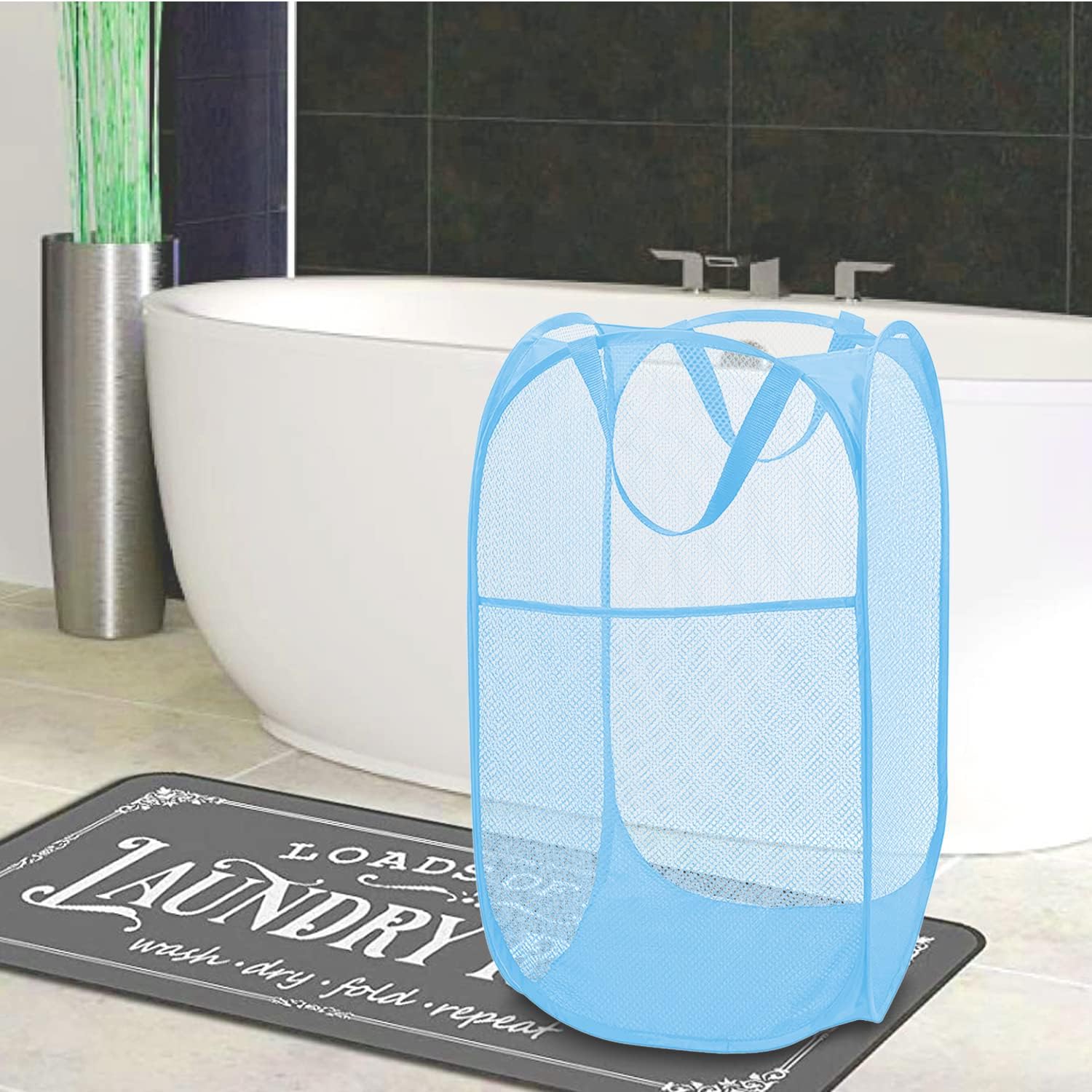 BATTOO Cesta plegable de malla fuerte de lujo con bolsillo lateral plegable para lavandería, baño, habitación de los niños, dormitorio universitario