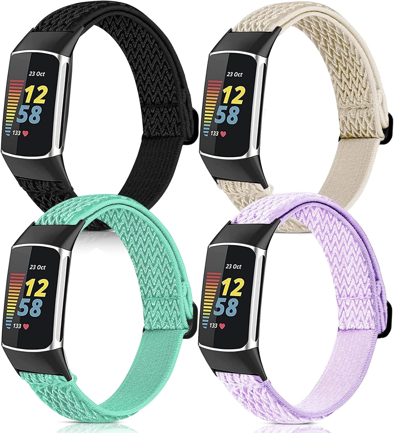 Paquete de 4 bandas elásticas compatibles con Fitbit Charge 56, reloj inteligente de fitness, correas de repuesto elásticas ajustables de nailon