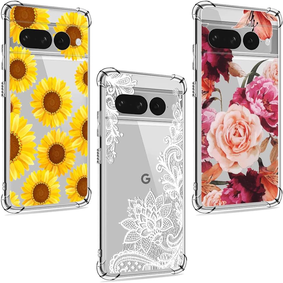 Paquete de 3 fundas para Google Pixel 7 Pro, absorción de golpes, antiarañazos, transparente, suave, TPU para Google Pixel 7 Pro (2022), flor