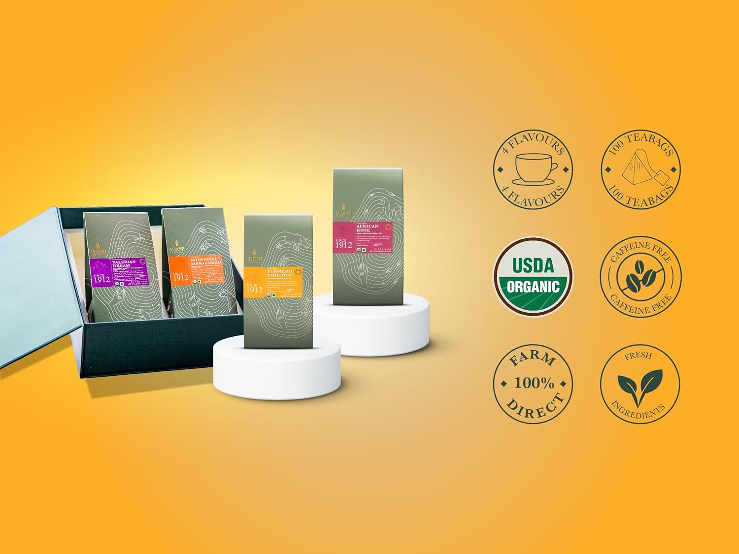 Luxmi Estates – Juego de regalo de té de hierbas orgánico surtido  4 tés de hierbas, 100 bolsitas de té  Caja de regalo de bienestar durante todo el
