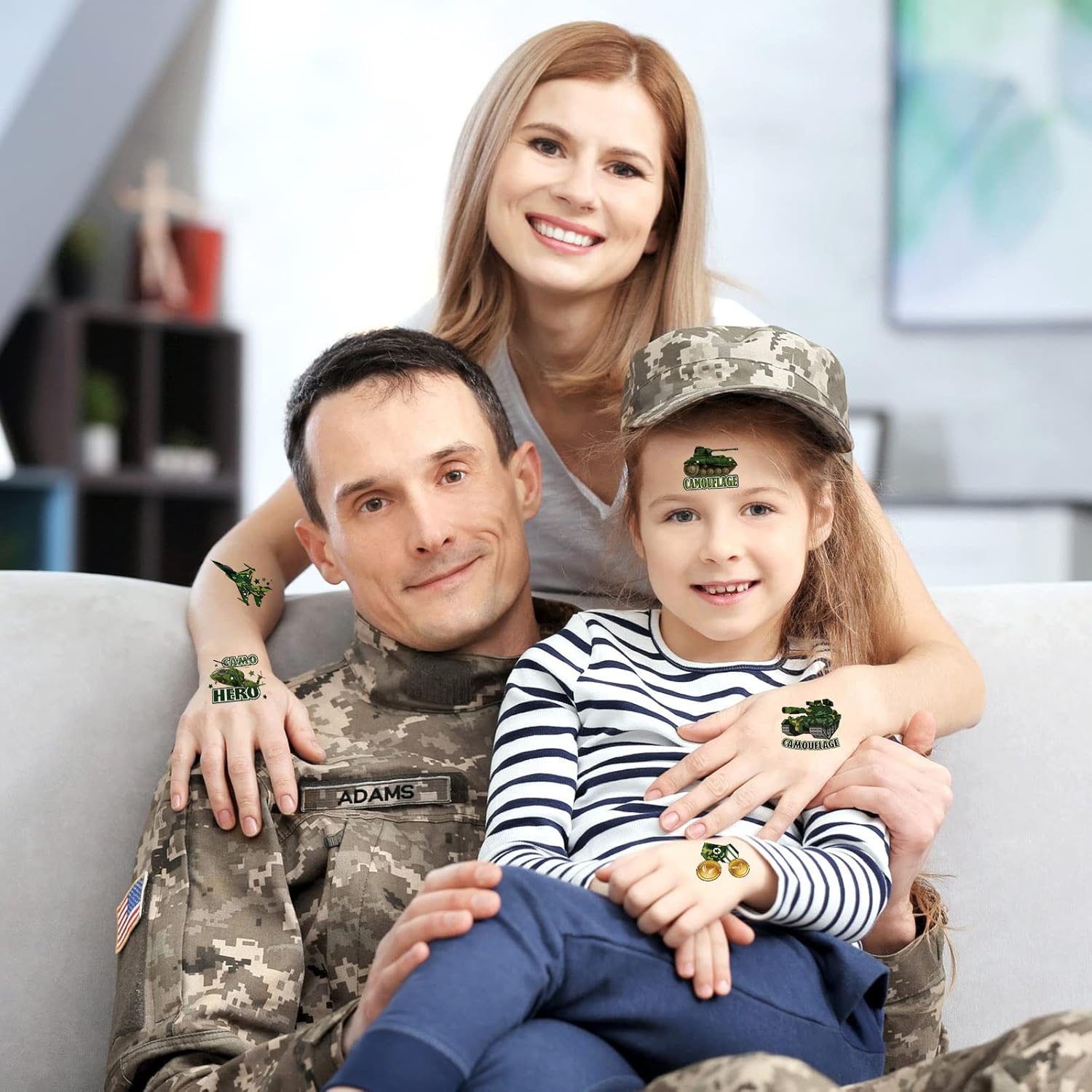 144 hojas de tatuajes de camuflaje camuflaje del ejército recuerdos de fiesta militar tanque helicóptero tatuajes falsos pegatinas para hombres y