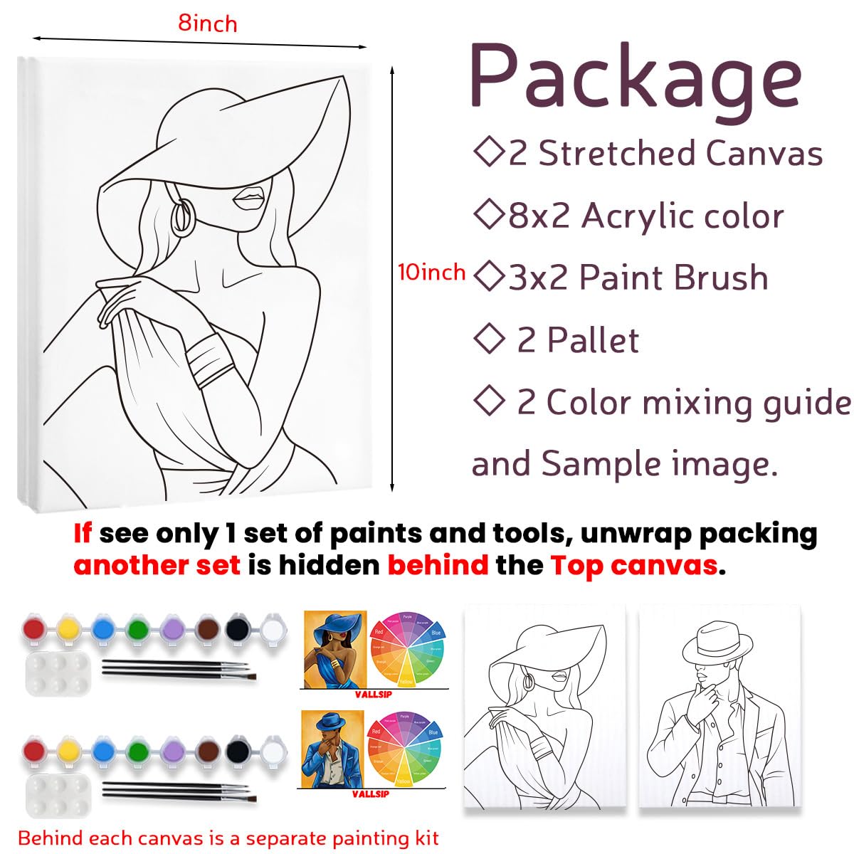 2 Pack Paint and Sip Canvas Painting Kit Pre Drawn Canvas for Painting for adults Stretched Canvas Couples Games Date Night Afro Elegant Gentleman