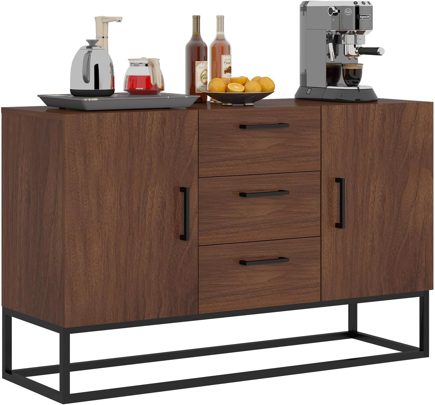Bonzy Home Aparador buffet con 3 cajones y 2 puertas y estantes ajustables de 47 pulgadas, moderno gabinete de barra de café para sala de estar,