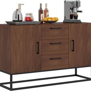 Bonzy Home Aparador buffet con 3 cajones y 2 puertas y estantes ajustables de 47 pulgadas, moderno gabinete de barra de café para sala de estar, Bonzy Home Aparador buffet con 3 cajones y 2 puertas y estantes ajustables de 47 pulgadas, moderno gabinete de barra de café para sala de estar,