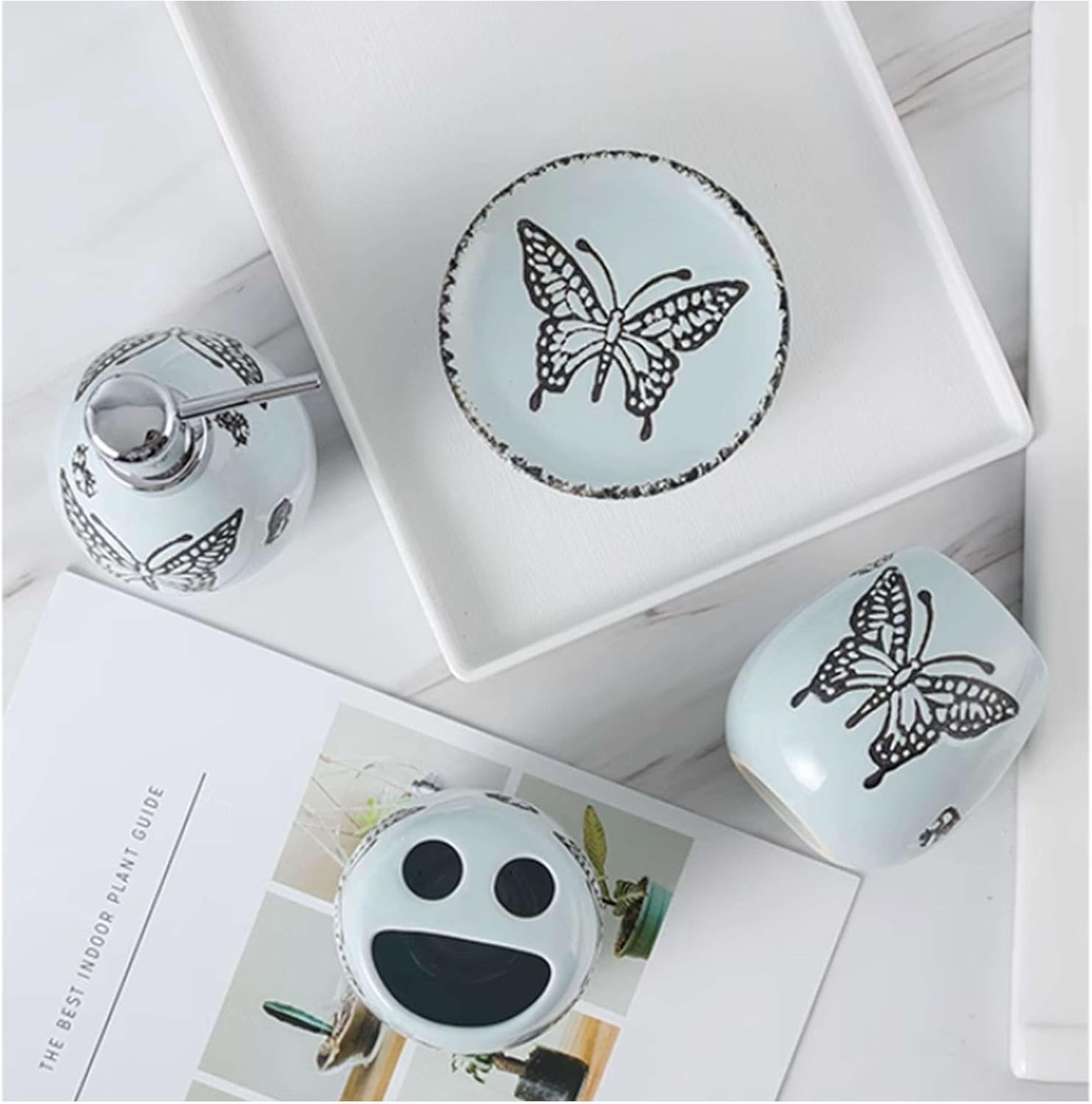 Dispensador de jabón de vidrio con bomba amplia, juego de accesorios de baño, accesorios para baño, regalo de cerámica contiene vaso de cepillo de