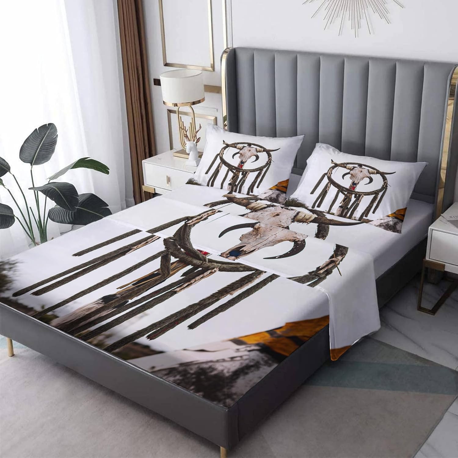 Western Sheets – Juego de sábanas y fundas de almohada tamaño King, diseño nativo americano, bolsillo profundo de 12 pulgadas, juego de sábanas de