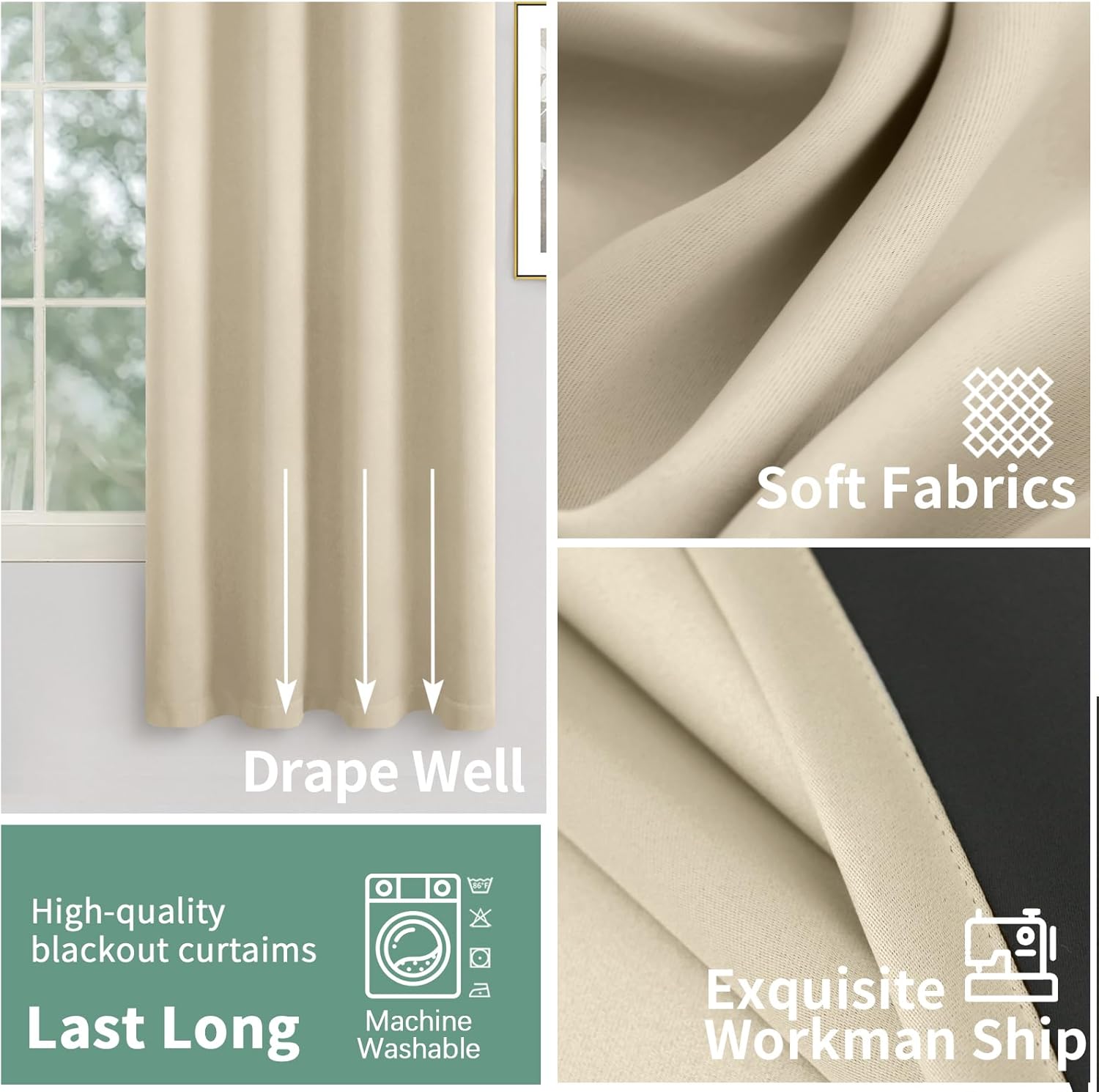QUEMAS Cortinas opacas beige de 84 pulgadas de largo, juego de 2 paneles para sala de estar, aislamiento térmico, 100% bloqueo de luz, cortinas de