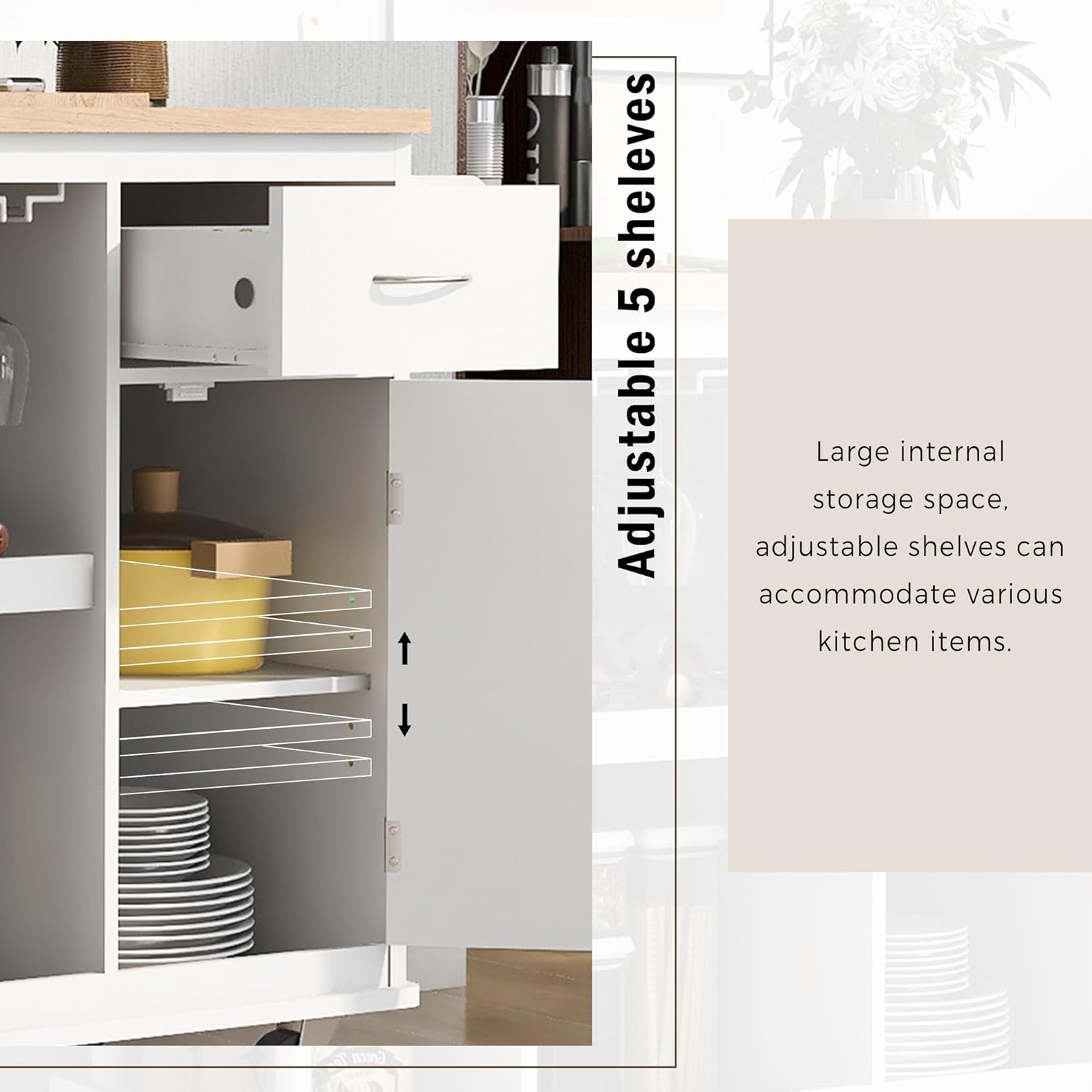 Carrito de cocina multiusos con gabinete de almacenamiento, cajón, estante ajustable y gancho lateral, isla de cocina rodante sobre 5 ruedas con
