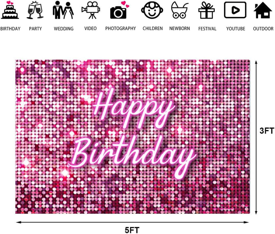 Lofaris Telón de fondo cuadrado rosa para fotografía de feliz cumpleaños, paneles de pared de lentejuelas brillantes para pared de dulces 16 niñas y