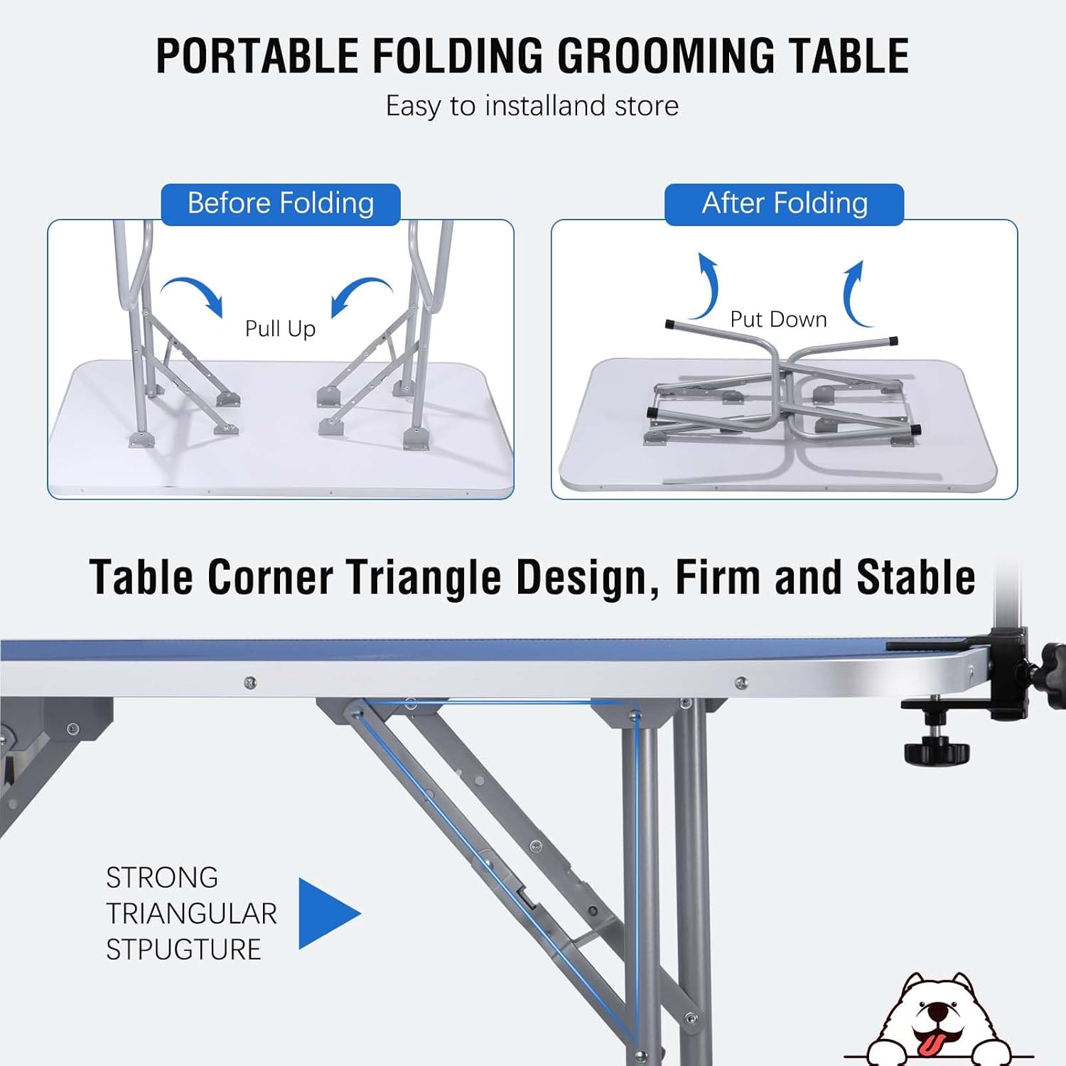Mesa plegable de aseo para perros y mascotas, altura ajustable, mesa portátil de aseo para perros de 46 pulgadas con brazo y bandeja de malla,