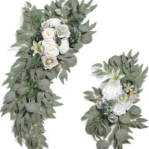 GAATEEK Juego de 2 guirnaldas de flores de arco sintético para bodas, decoraciones florales y letreros de ceremonia de recepción de boda (blanco y GAATEEK Juego de 2 guirnaldas de flores de arco sintético para bodas, decoraciones florales y letreros de ceremonia de recepción de boda (blanco y