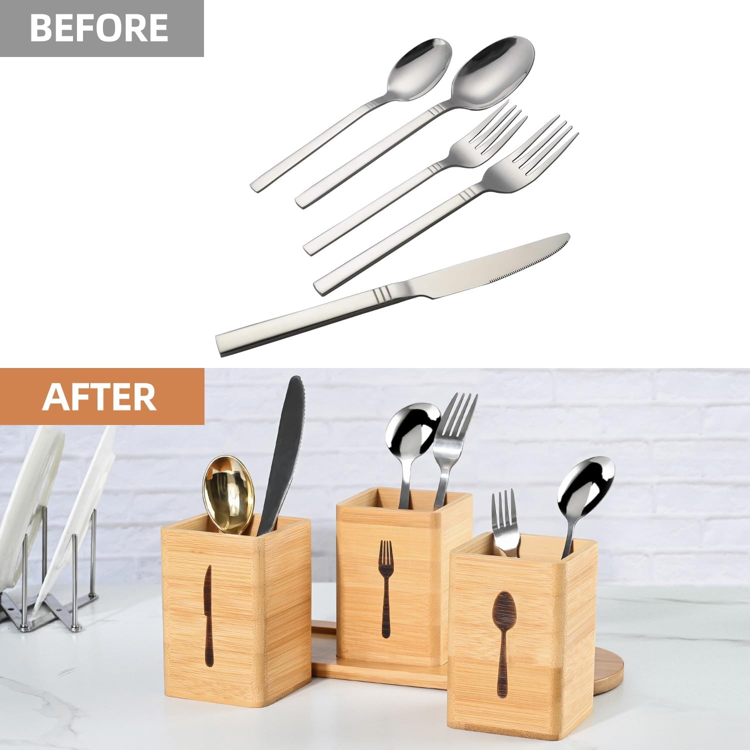 GEHE Silverware Caddy for Countertop, Natural Bamboo Utensil Caddy for Parties, Utensil Holder with 3 Compartment, Silverware Organizer Storage
