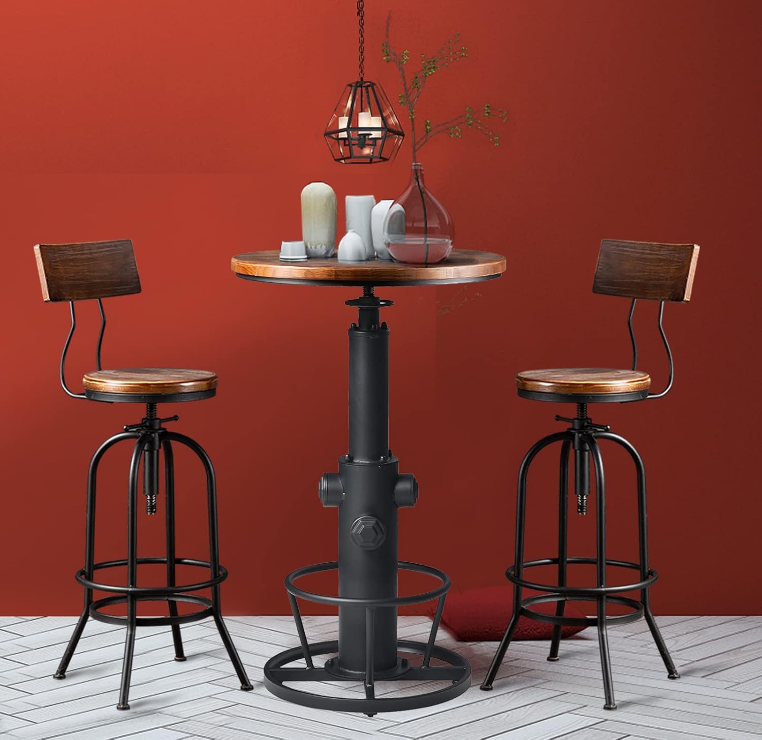 LOKKHAN Mesa de bar industrial de 38.6 a 48.4 pulgadas de altura ajustable giratoria redonda de madera de 23.7 pulgadas de diámetro, cocina,