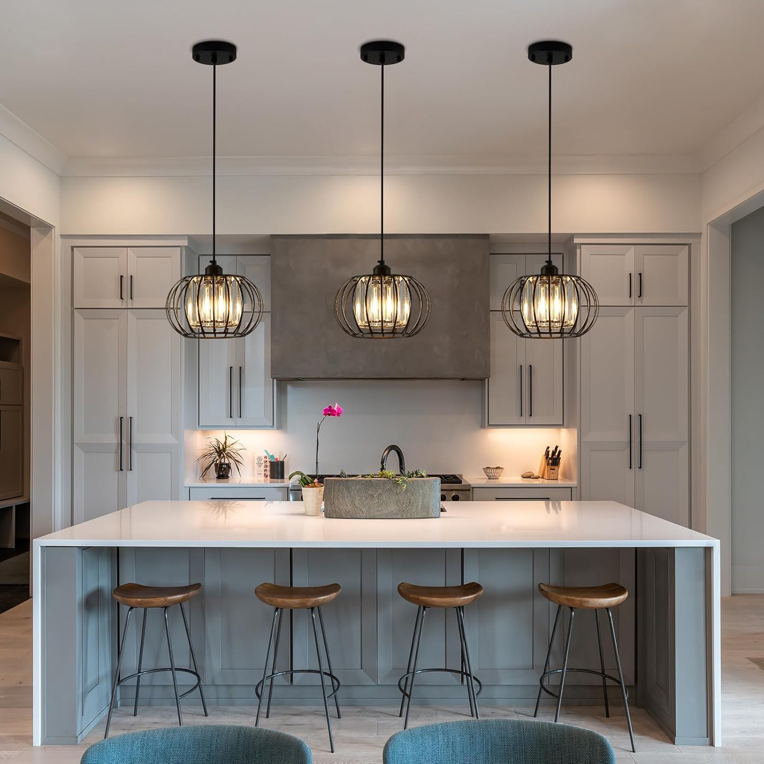 Lámpara colgante negra, luces colgantes de granja con cristal, mini luz colgante ajustable para cocina, moderna lámpara colgante industrial de