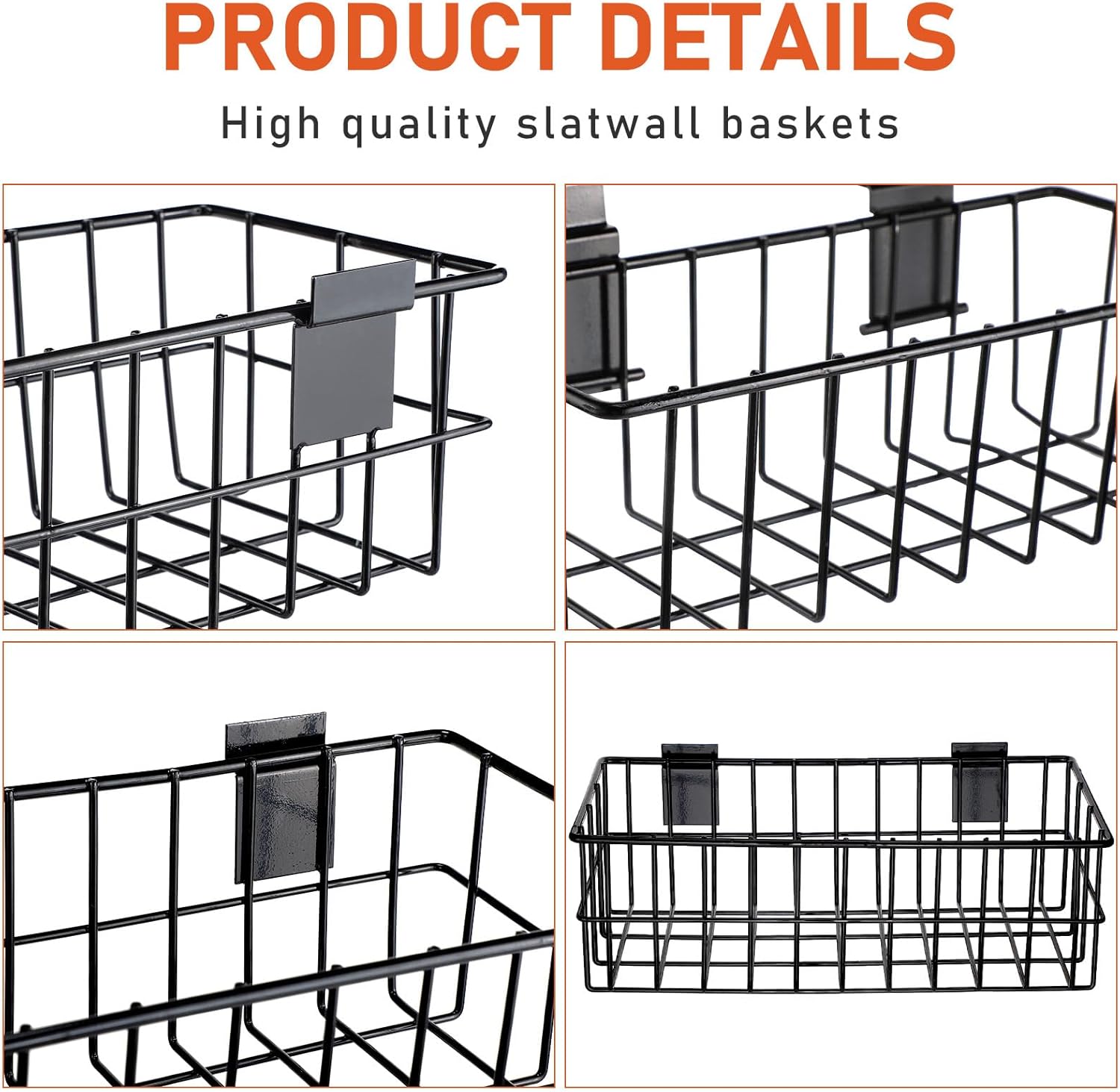 Juego de 8 cestas de Slatwall, 4 cestas de metal ventiladas, cestas montadas en pared, 4 estantes colgantes de pared de Slatwall, accesorios para