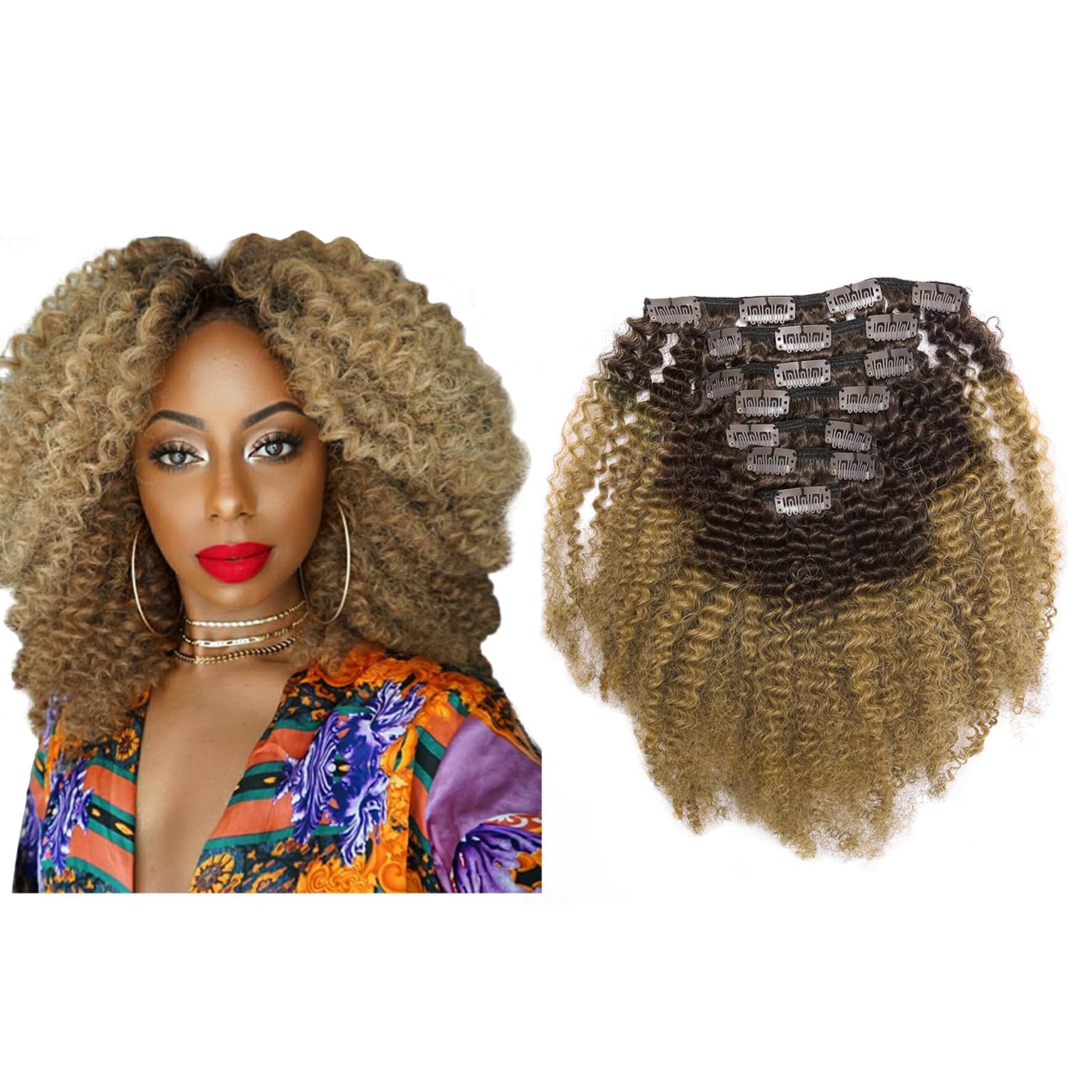 Ombre Remy Extensiones de cabello humano en clip Afro Kinky Curly 4B 4C 100% Extensiones de Cabello Negro Natural de 10 -22 pulgadas  25.4 – 55.88