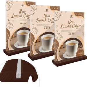 Paquete de 3 soportes acrílicos para letreros en forma de LT, soporte de papel de plástico vertical inclinado con base de madera, soporte de Paquete de 3 soportes acrílicos para letreros en forma de LT, soporte de papel de plástico vertical inclinado con base de madera, soporte de