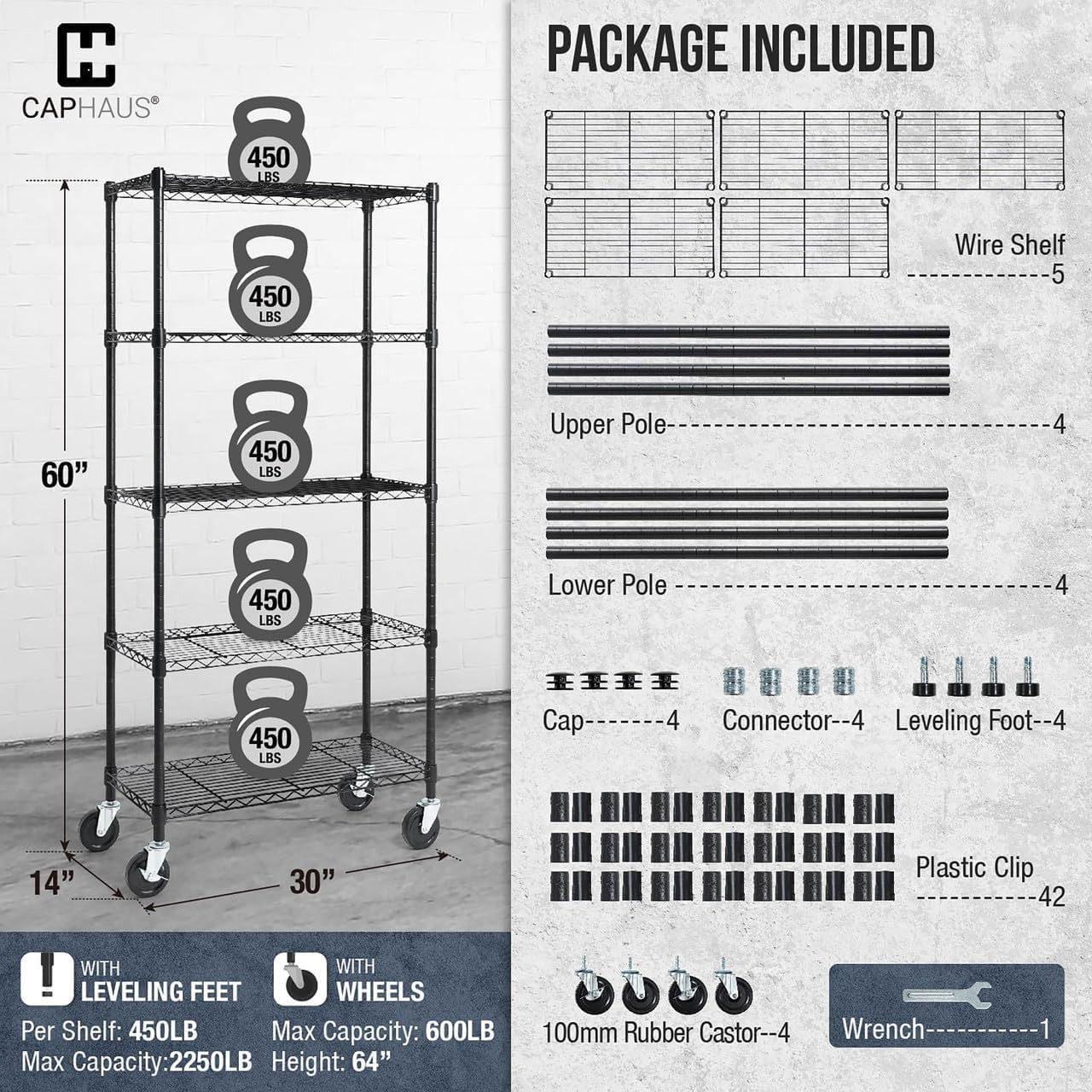 CAPHAUS NSF – Estantería de alambre resistente de grado comercial con ruedas, patas de nivelación y revestimientos, estante de metal de