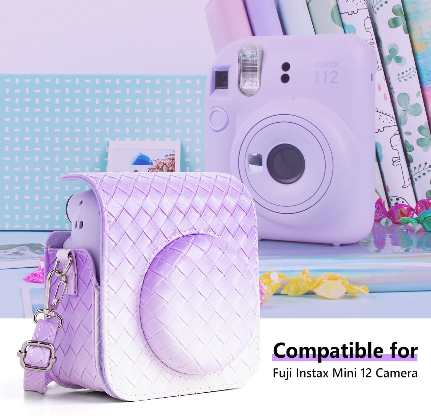 MUZIRI KINOKOO Funda para cámara de película instantánea Fujifilm Instax Mini 12Polaroid Mini 12, funda protectora de piel sintética con tejido