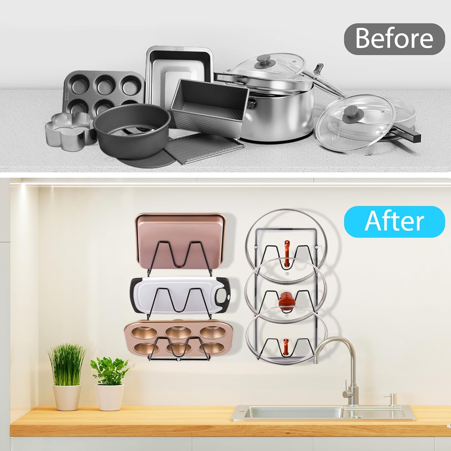 Estante organizador de tapas de ollas, soporte para tapas de ollas de 3 niveles para puerta de gabinetepared, adhesivo sin perforaciones,