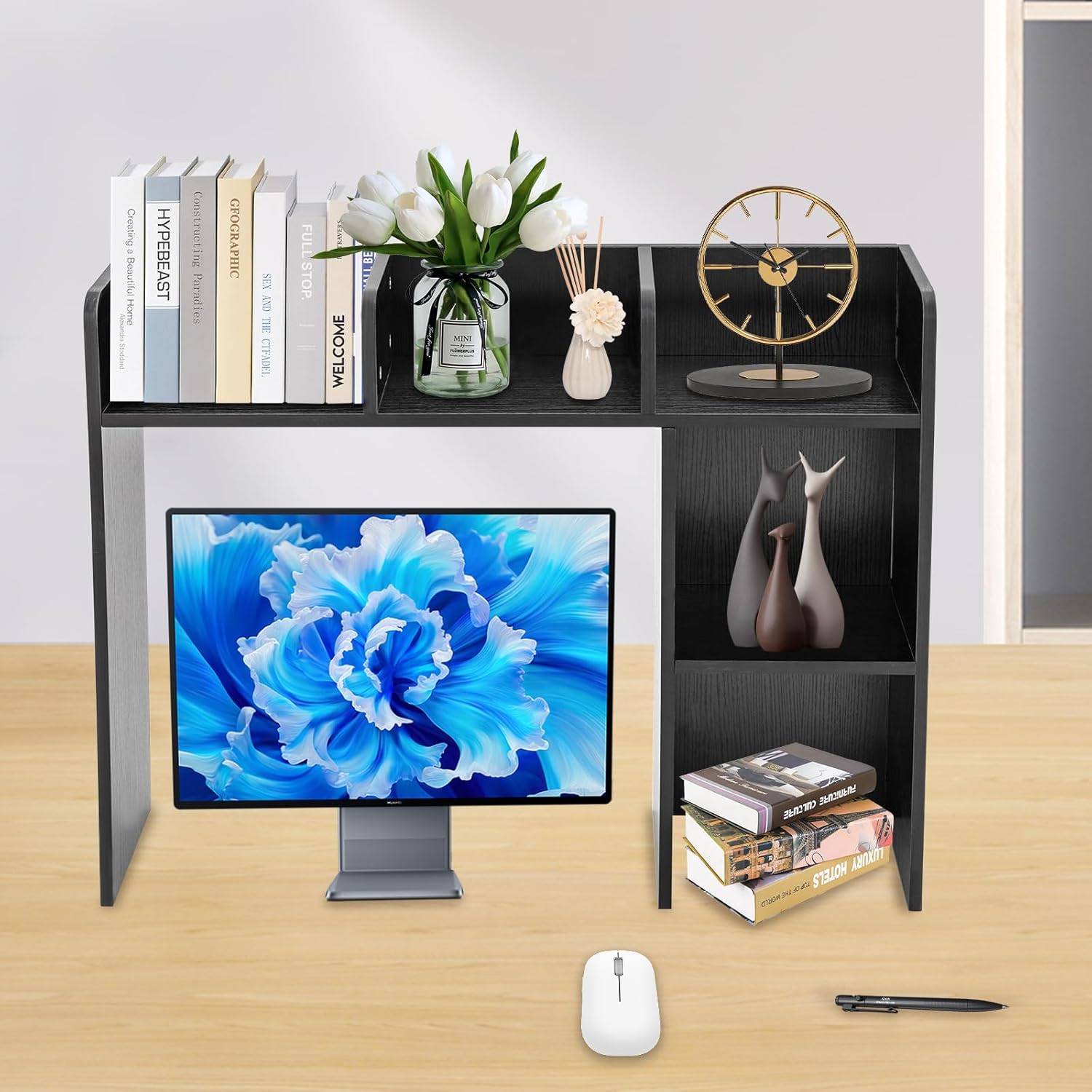 Goudergo Organizador de escritorio de madera, estante de escritorio de oficina negro, estante de escritorio de esquinas redondas, estante de