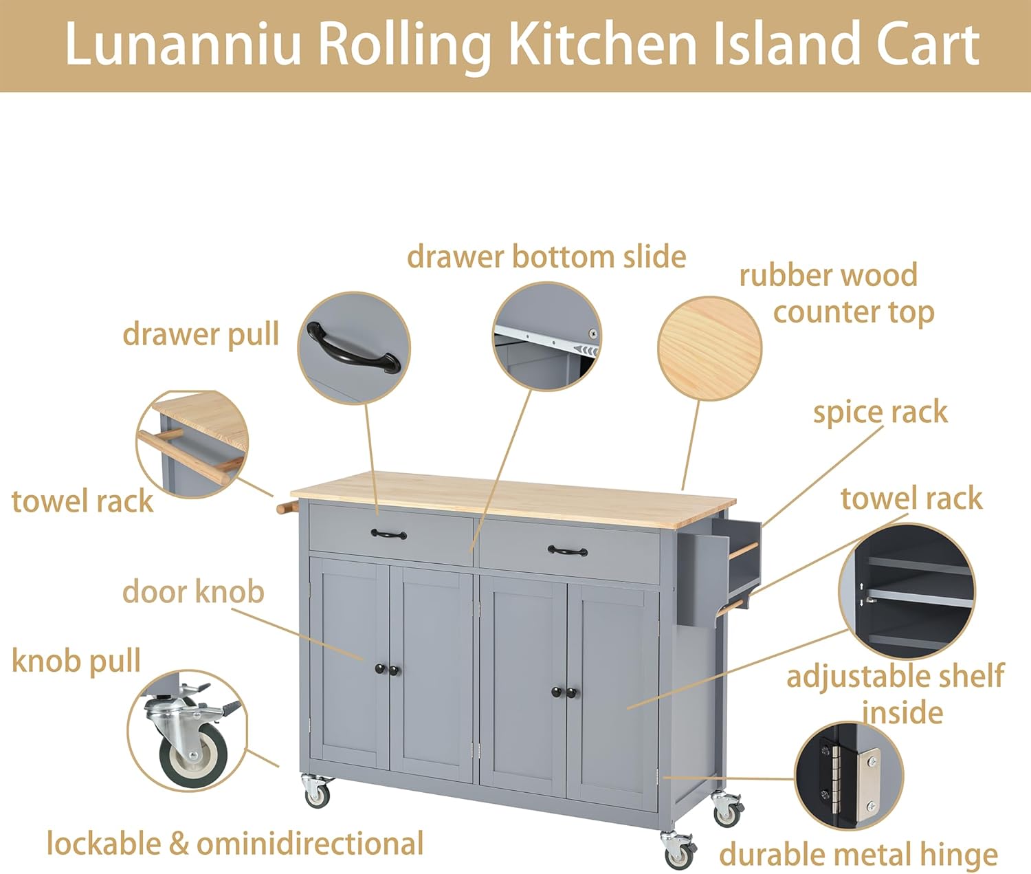 Isla de cocina rodante con almacenamiento, carrito de mesa de cocina portátil, 2 cajones y ruedas con cerradura, 2 gabinetes, encimera de madera de