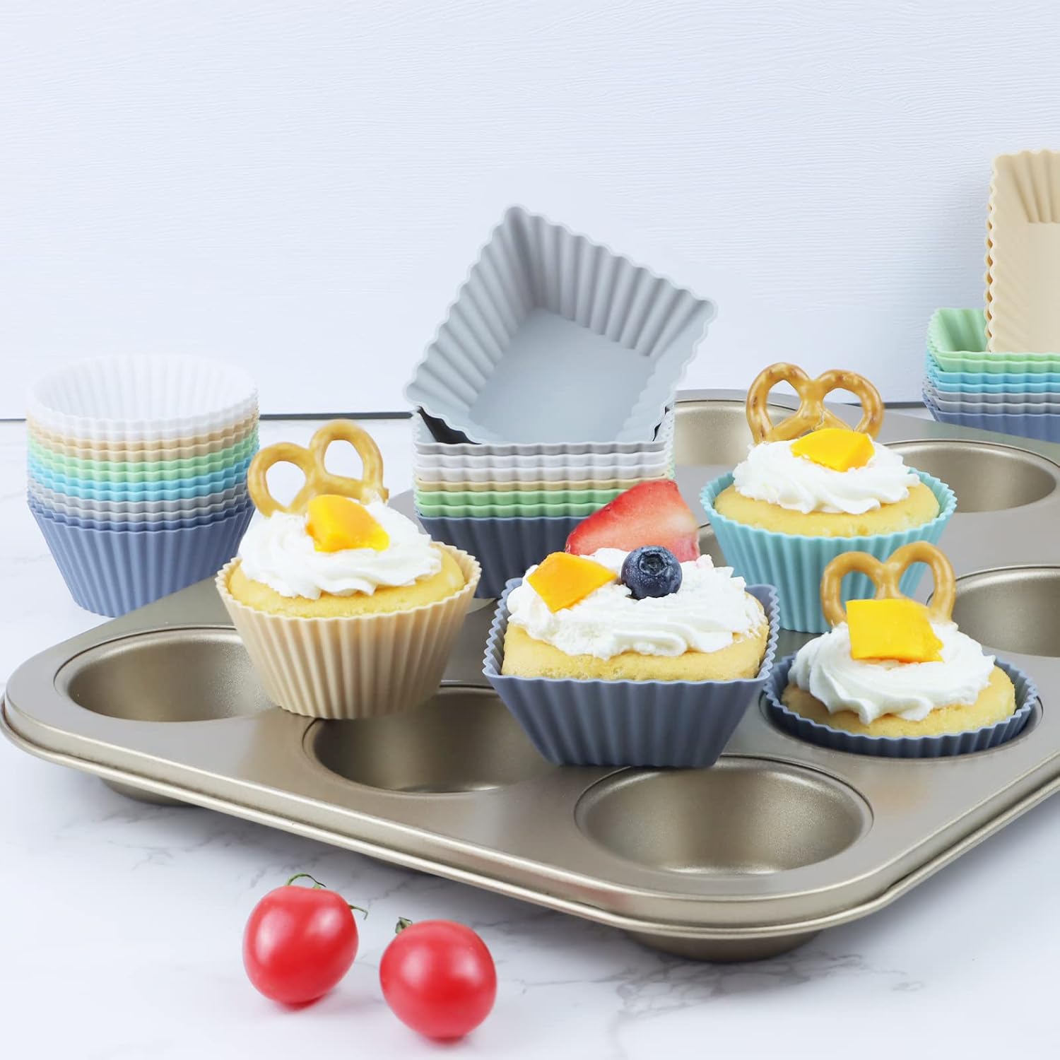 Paquete de 36 forros de silicona para cupcakes, tazas reutilizables para magdalenas, tazas redondas, cuadradas y rectangulares, antiadherentes,